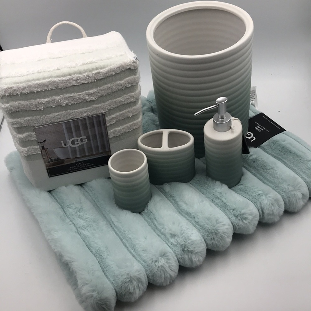 6 Pc Set Ugg Fluff Ombre Ceramic Bath Set Kaylah Bath Mat Caia Shower Curtain